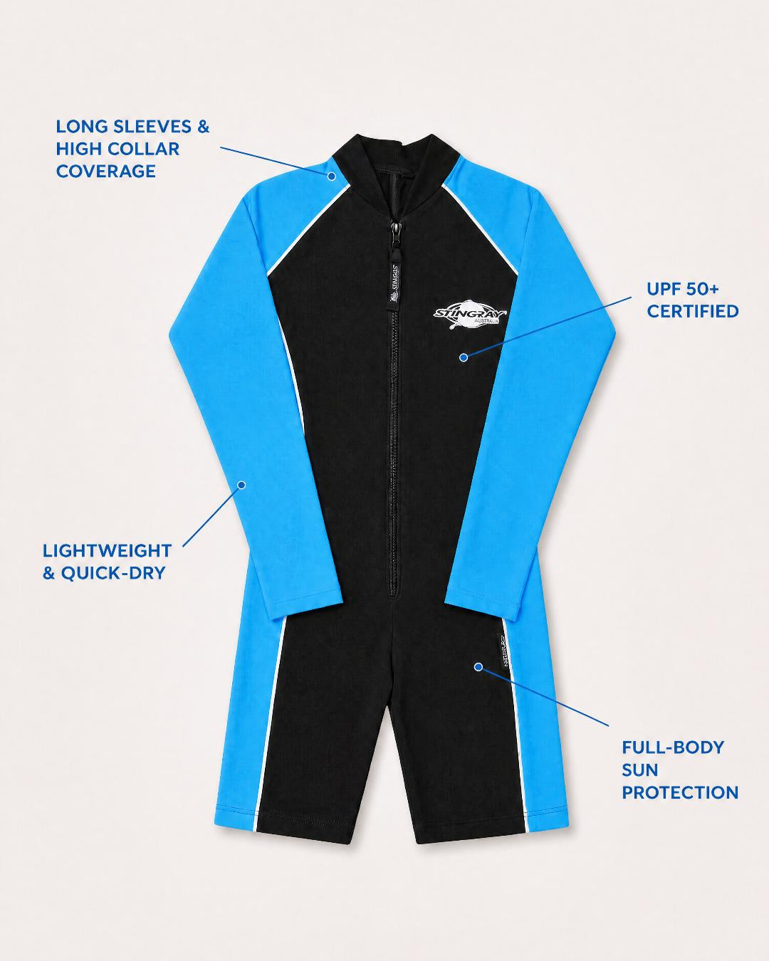 Annotated Features Flat Lay of Kids Long Sleeve UV Swimsuit UPF 50+ in Black and Azure