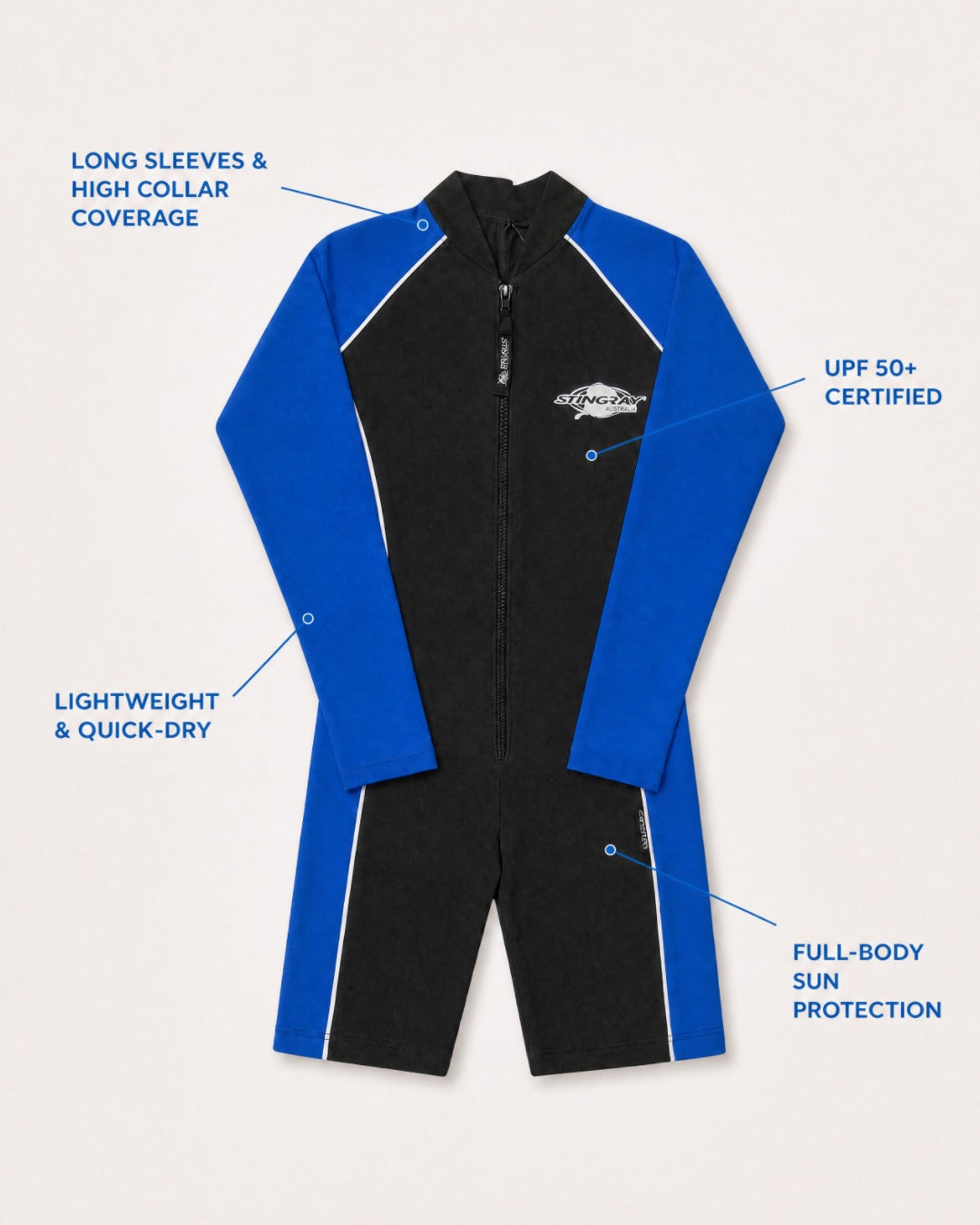 Annotated Features Flat Lay of Kids Long Sleeve UV Swimsuit UPF 50+ in Black and Blue