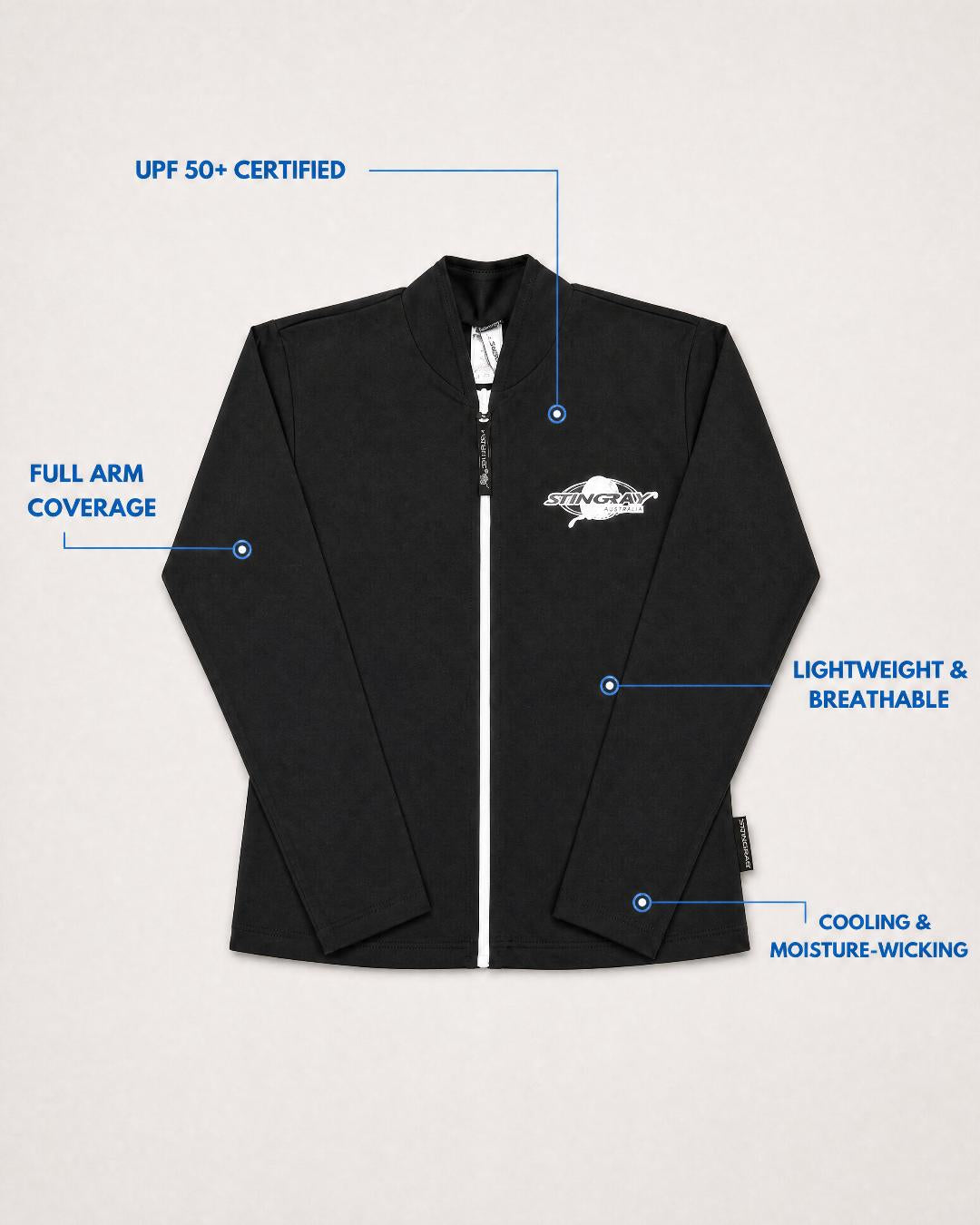 Annotated Features Flat Lay of Long Sleeve UV Jacket UPF 50+ - Womens - Black