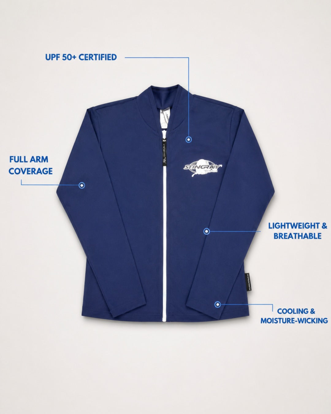 Annotated Features Flat Lay of Long Sleeve UV Jacket UPF 50+ - Womens - Navy