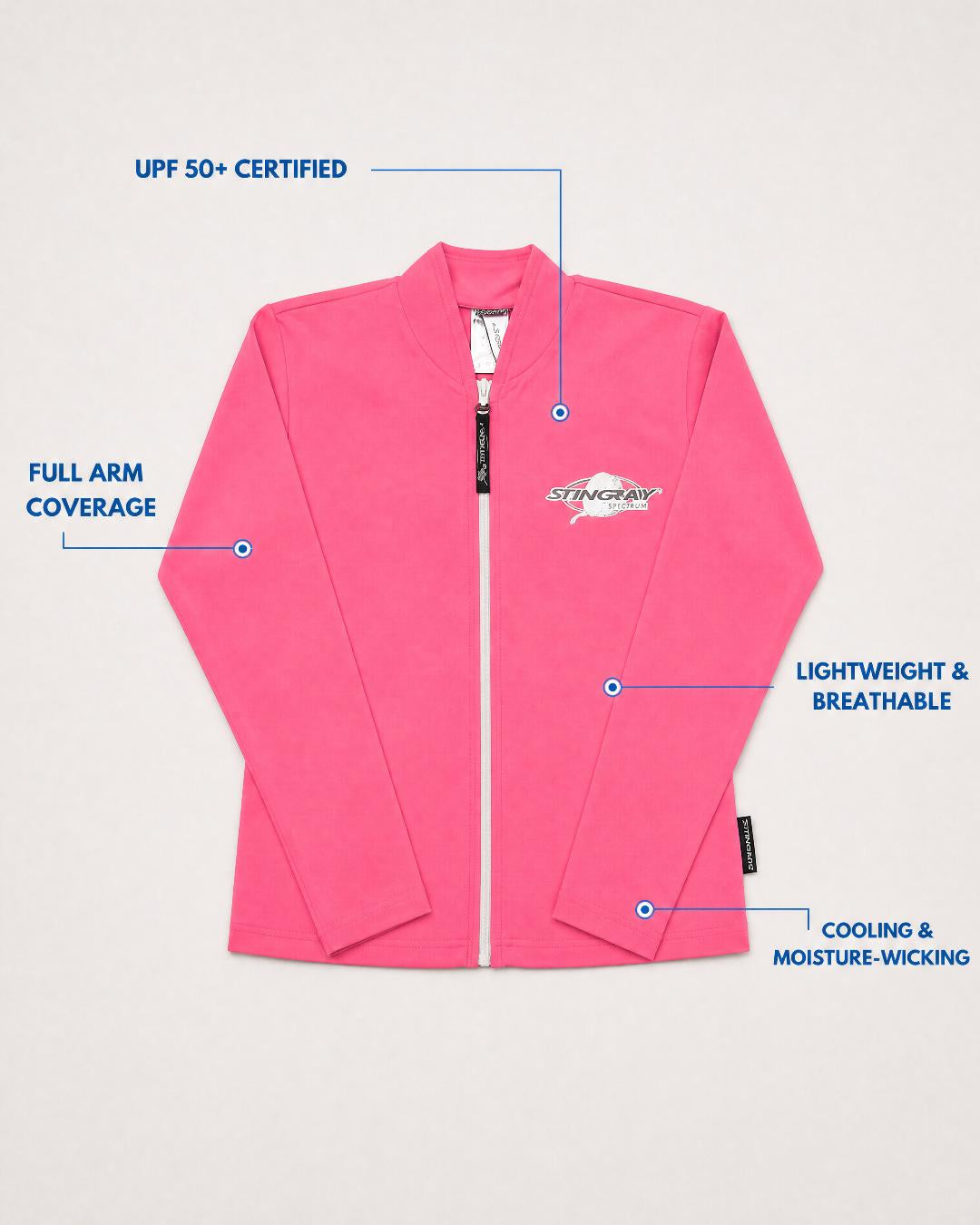 Annotated Features Flat Lay of Long Sleeve UV Jacket UPF 50+ - Womens - Pink