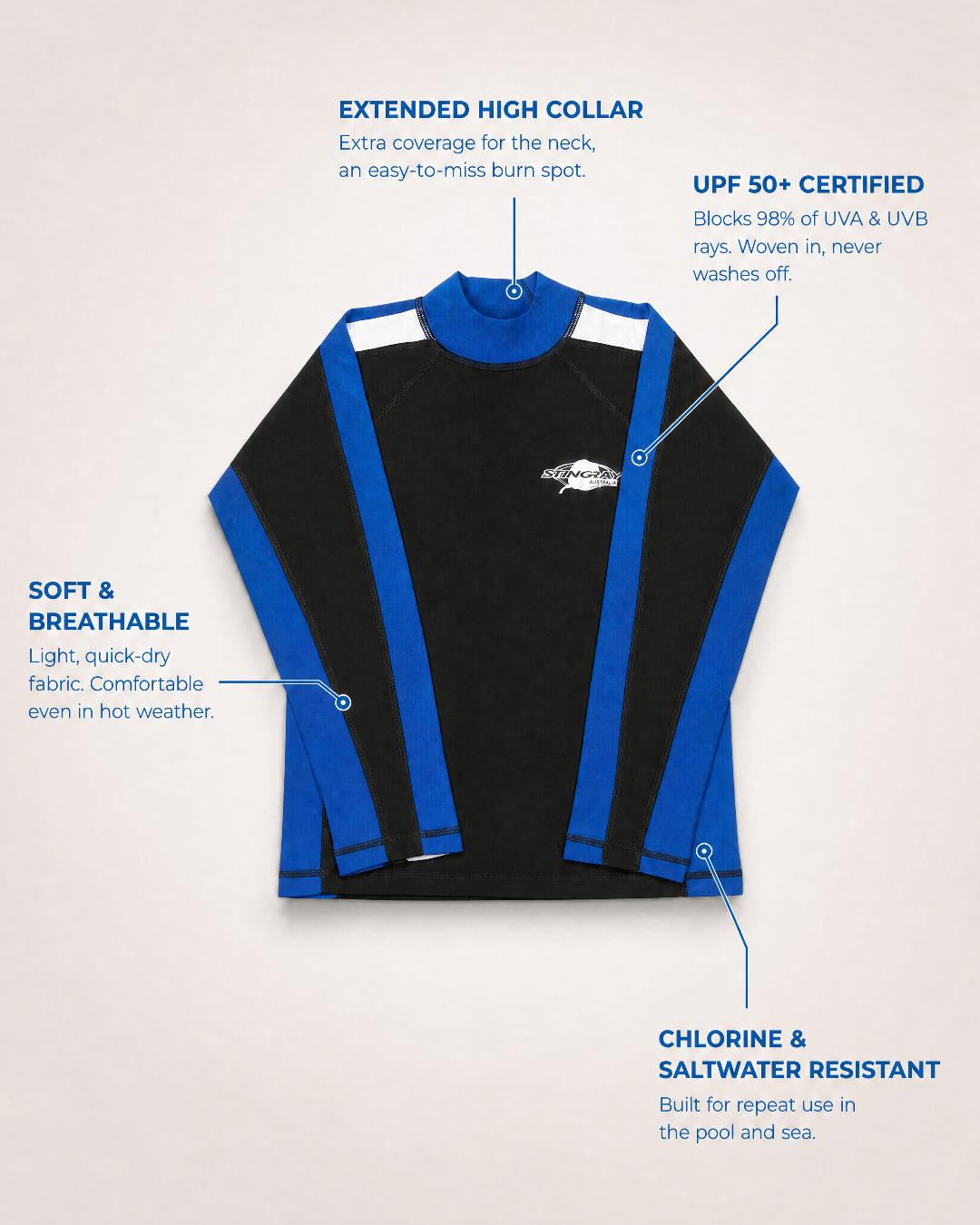 Kids black, blue and white long-sleeve UV swim shirt UPF 50+ with text highlighting features on a light gray background