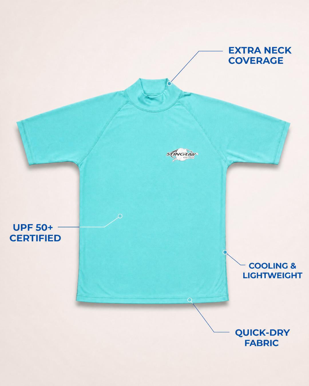 Annotated Features Flat Lay of Men's Short Sleeve UV Swim Shirt UPF 50+ - Aqua