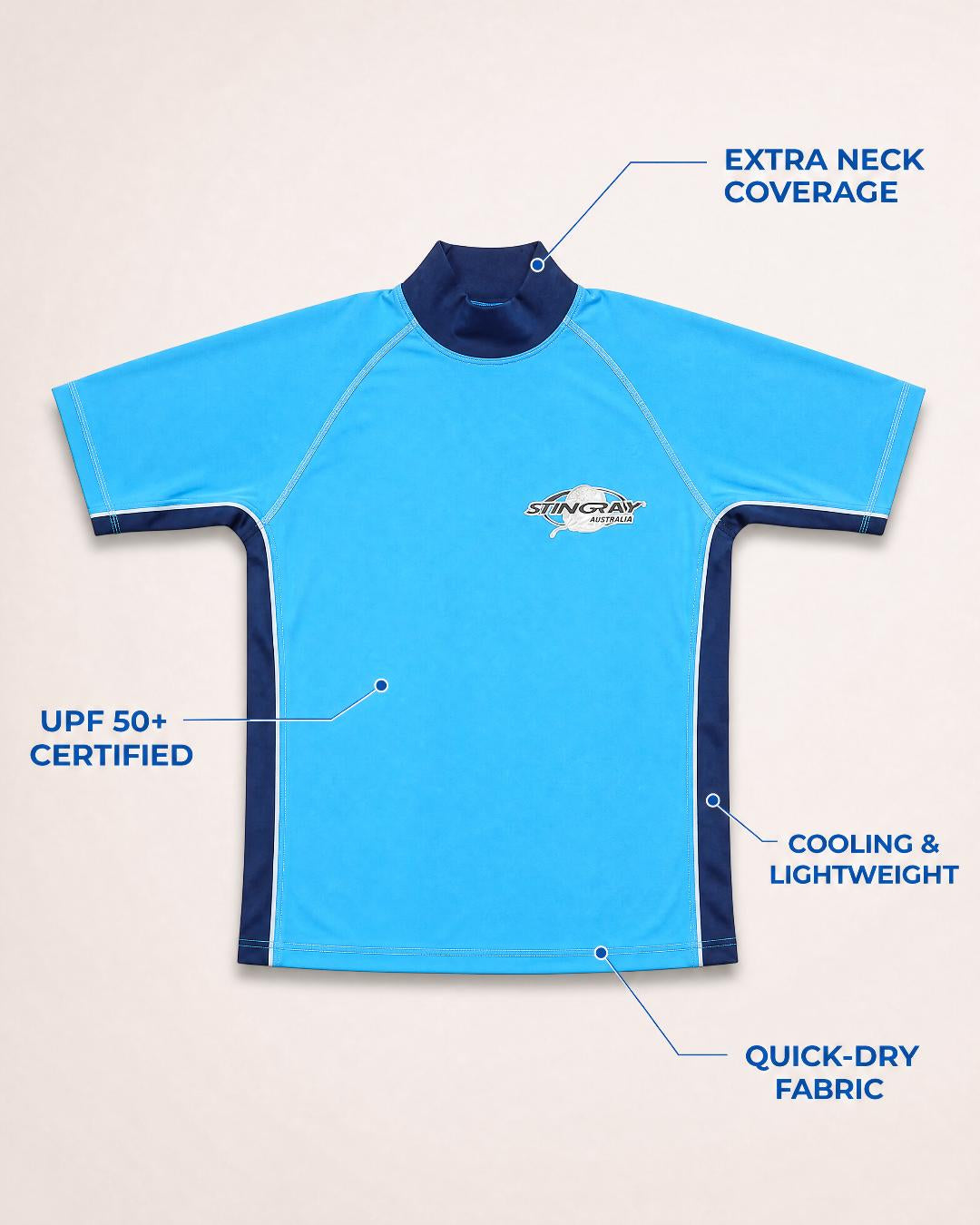 Annotated Features Flat Lay of Men's Short Sleeve UV Swim Shirt UPF 50+ - Azure Navy