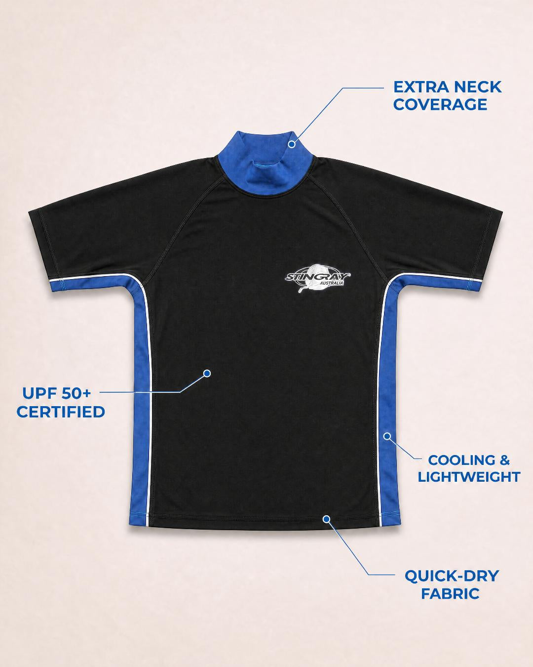 Annotated Features Flat Lay of Men's Short Sleeve UV Swim Shirt UPF 50+ - Black Ocean Blue
