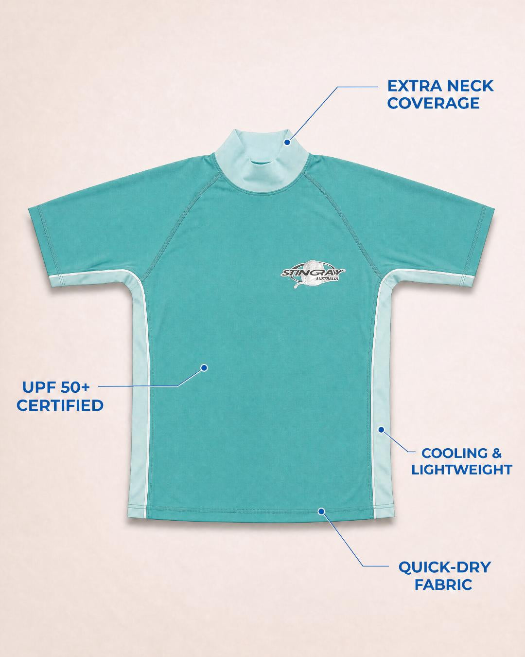 Annotated Features Flat Lay of Men's Short Sleeve UV Swim Shirt UPF 50+ - Teal Aqua