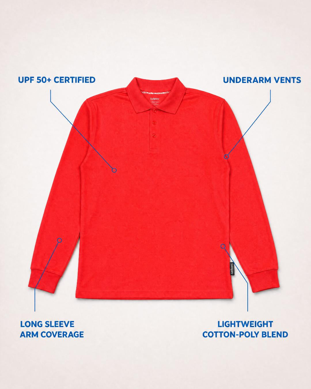 Annotated Features Flat Lay of Mens Long Sleeve UV Polo Shirt UPF 50+ in Red