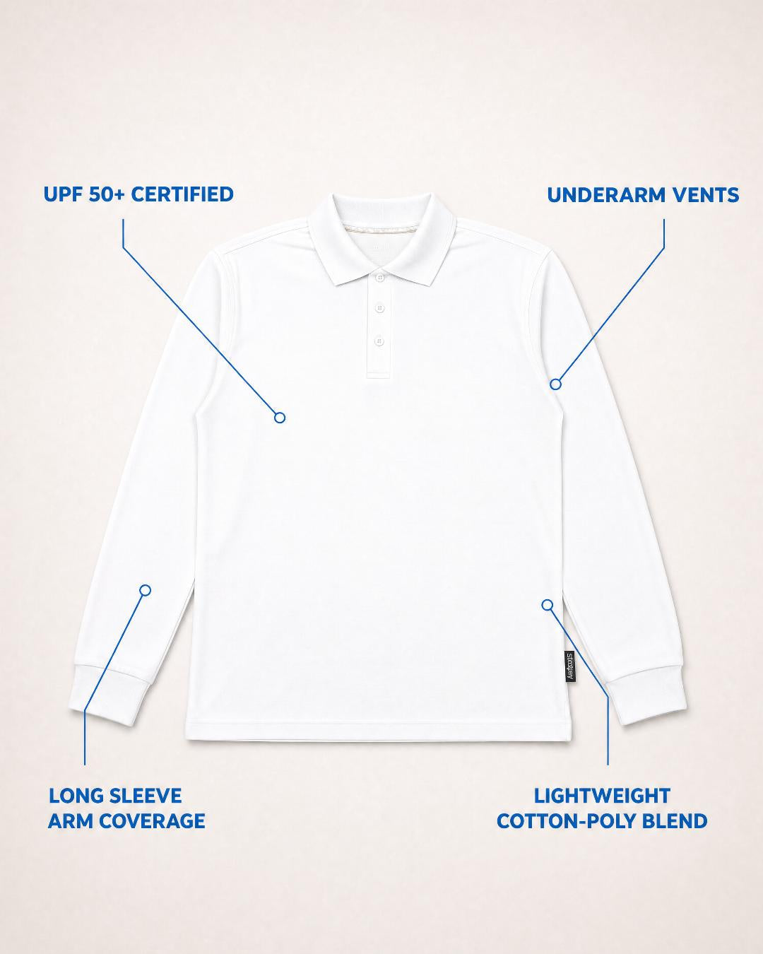 Annotated Features Flat Lay of Mens Long Sleeve UV Polo Shirt UPF 50+ in White