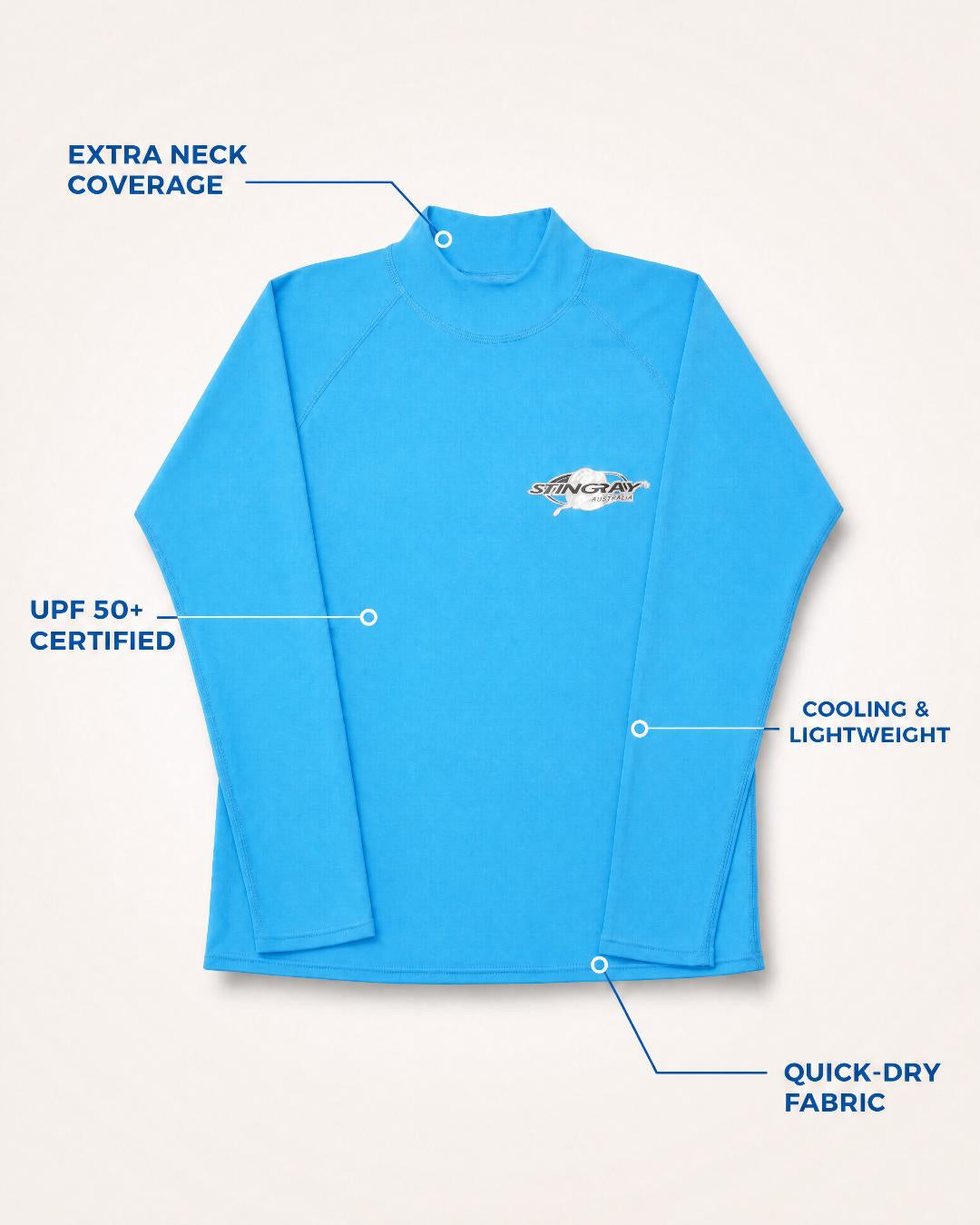 Annotated Features Flat Lay of Mens Long Sleeve UV Rash Vest UPF 50+ in Azure