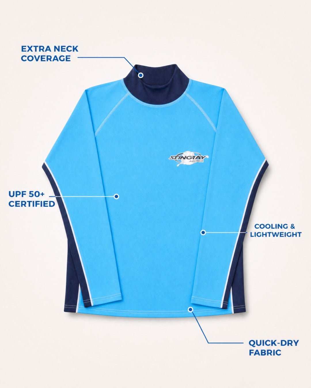 Annotated Features Flat Lay of Mens Long Sleeve UV Rash Vest UPF 50+ in Azure Navy