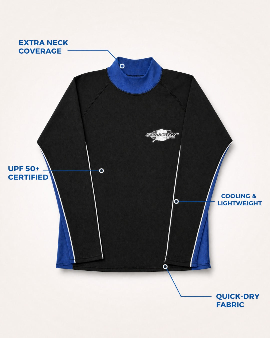 Annotated Features Flat Lay of Mens 'Long Sleeve UV Rash Vest UPF 50+ in Black Blue