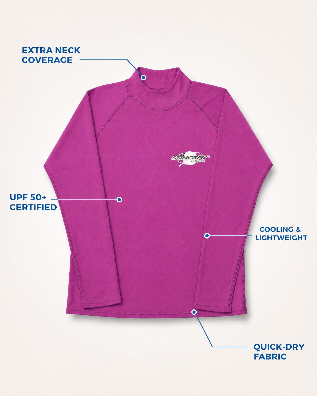 Annotated Features Flat Lay of Mens Long Sleeve UV Rash Vest UPF 50+ in Purple