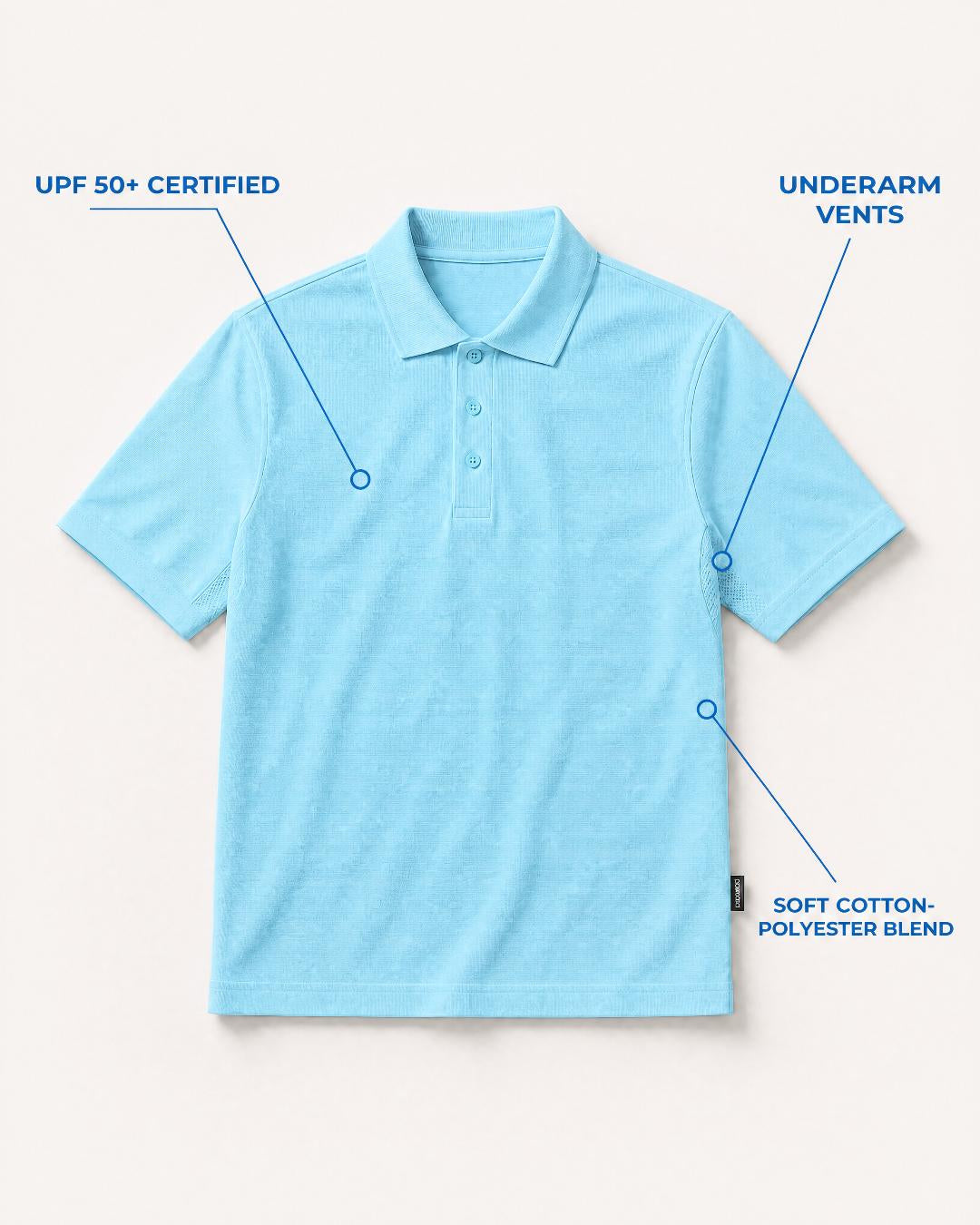 Annotated Features Flat Lay of Mens Short Sleeve UV Polo Shirt UPF 50+ in Ice Blue