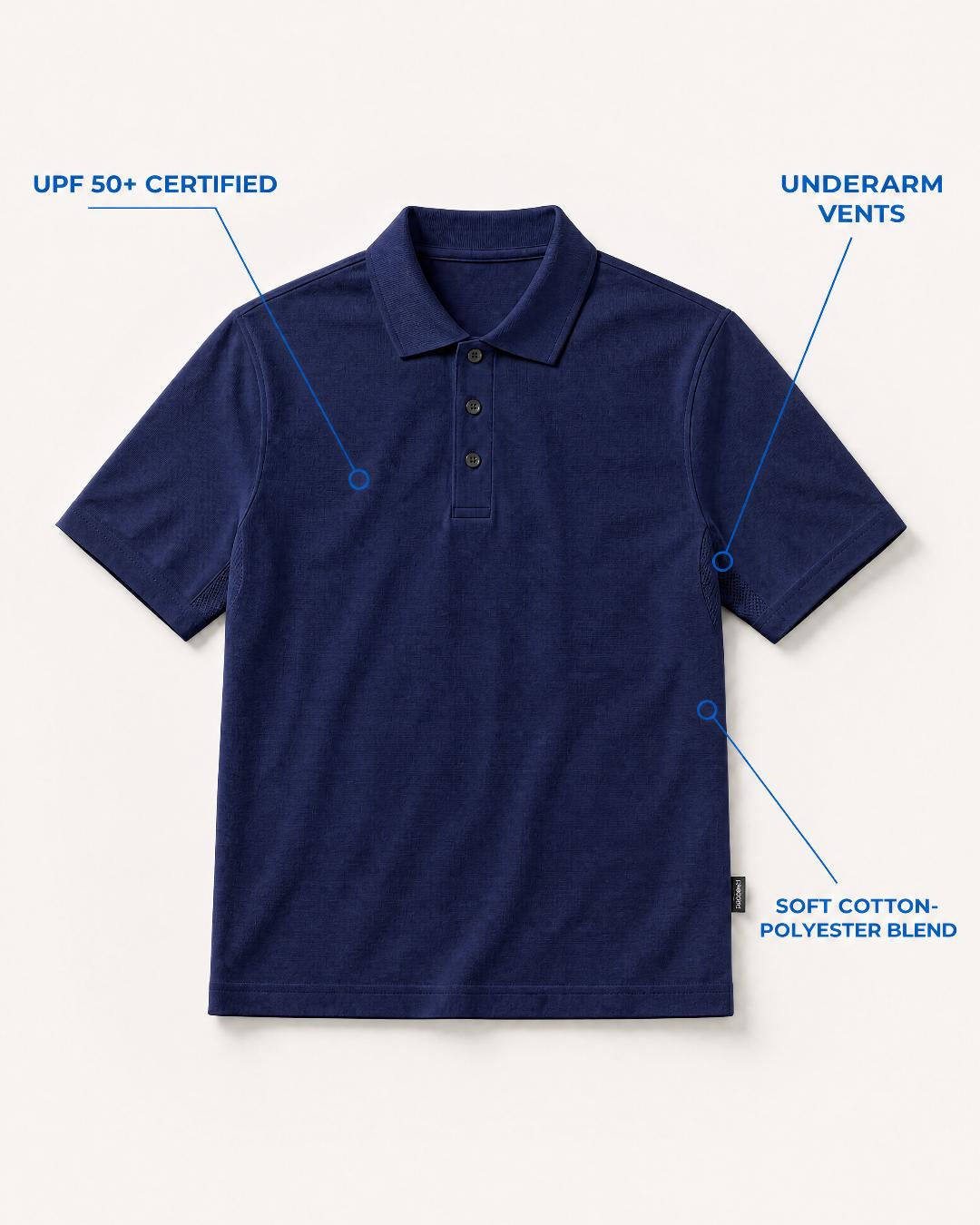 Annotated Features Flat Lay of Mens Short Sleeve UV Polo Shirt UPF 50+ in Navy Blue