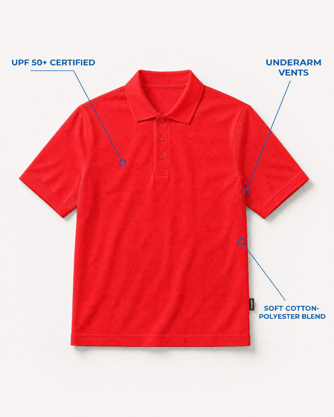 Annotated Features Flat Lay of Mens Short Sleeve UV Polo Shirt UPF 50+ in Red
