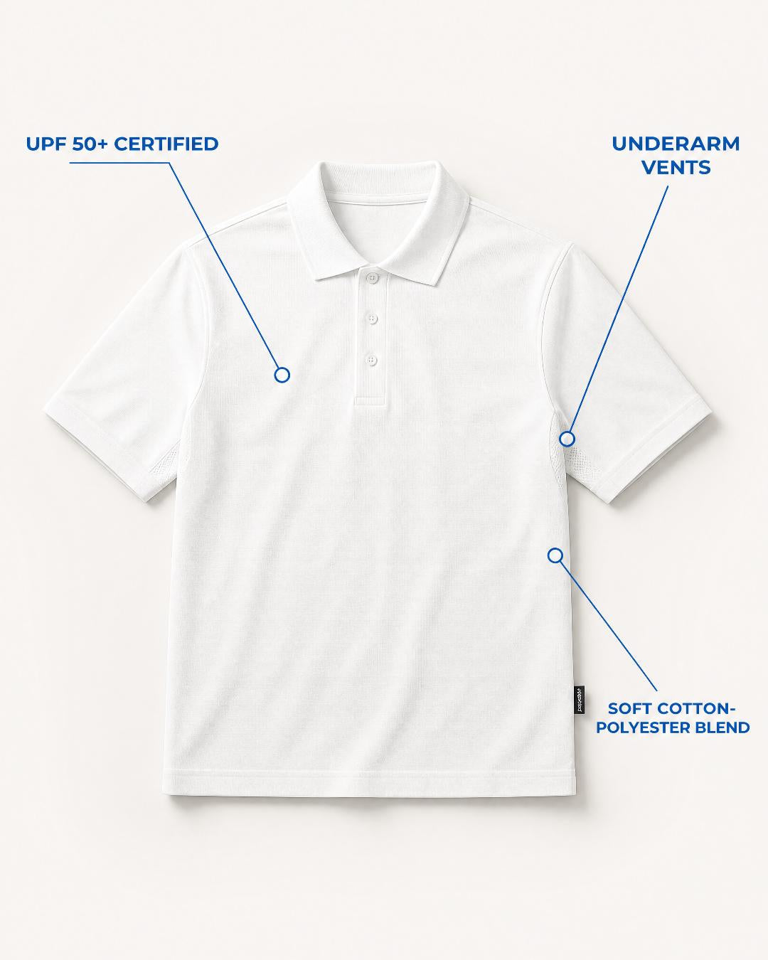 Annotated Features Flat Lay of Mens Short Sleeve UV Polo Shirt UPF 50+ in White