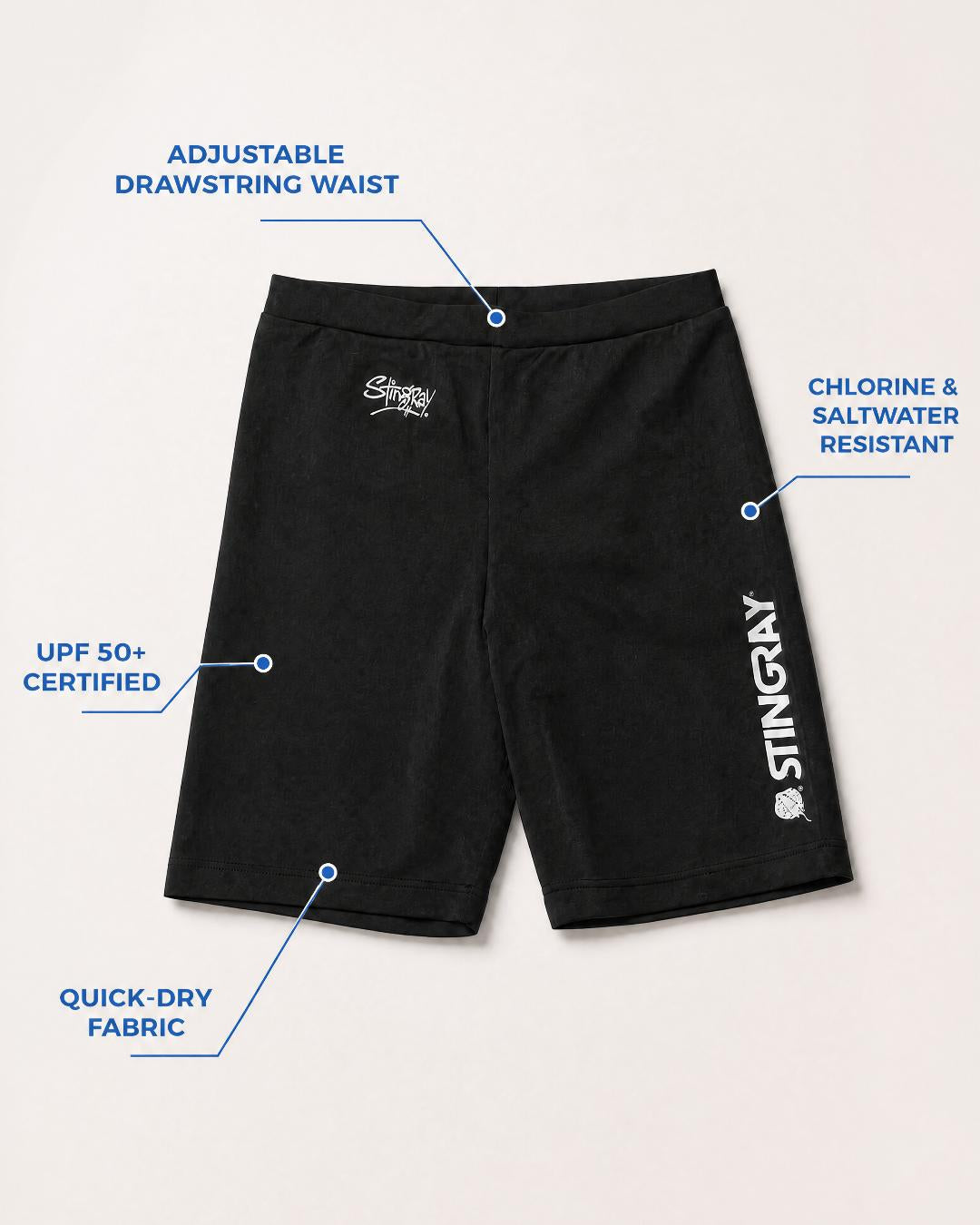 Annotated Features Flat Lay of Mens UV Swim Shorts UPF 50+ in Black