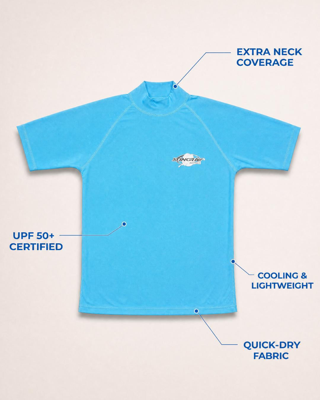 Annotated Features Flat Lay of Women's Short Sleeve UV Swim Shirt UPF 50+ - Azure