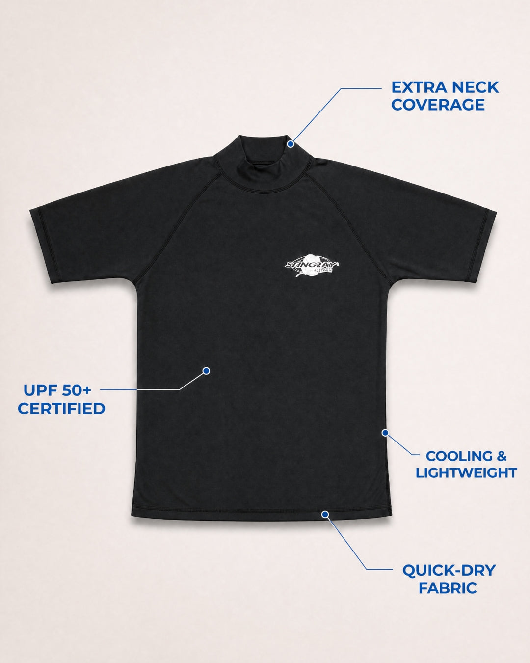 Annotated Features Flat Lay of Women's Short Sleeve UV Swim Shirt UPF 50+ - Black