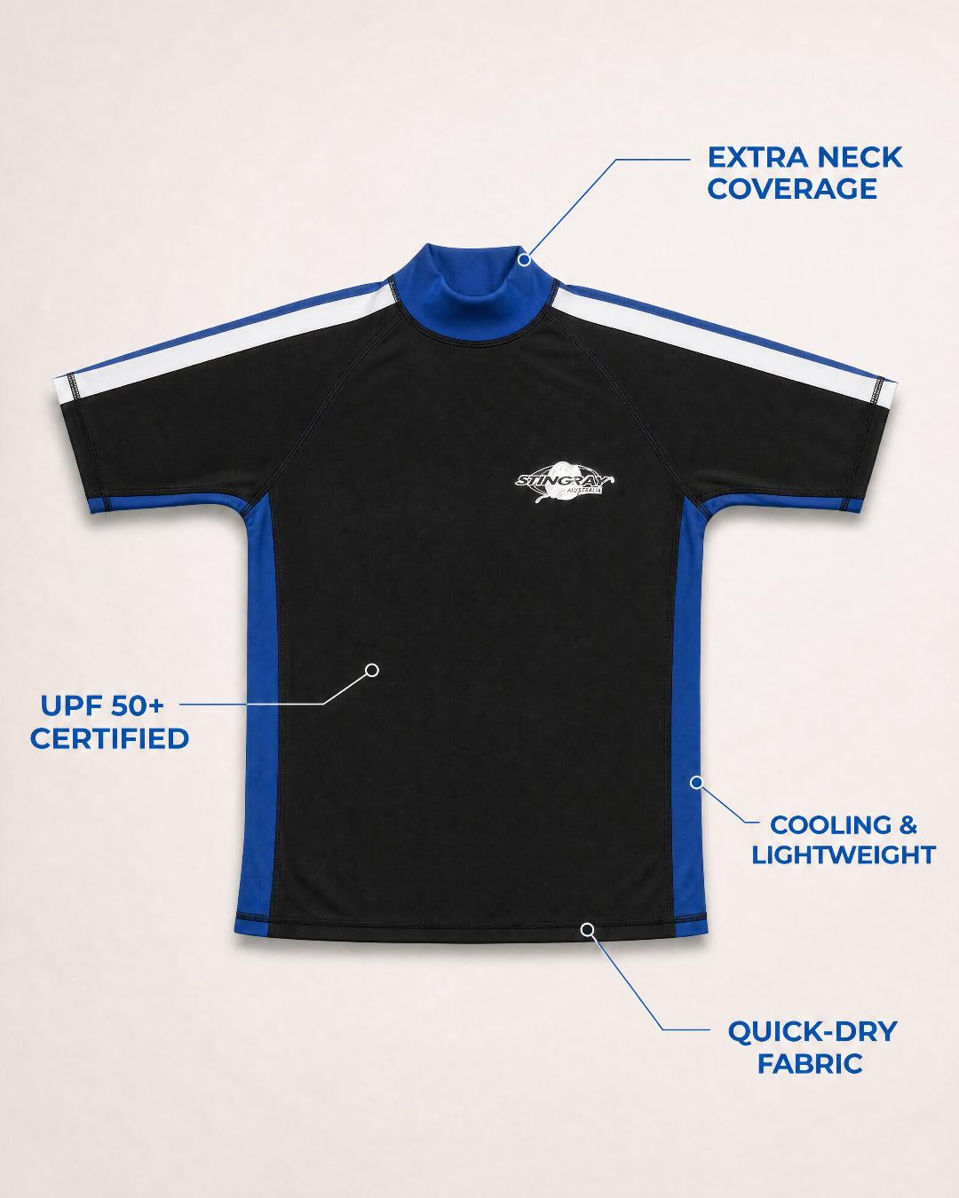 Annotated Features Flat Lay of Women's Short Sleeve UV Swim Shirt UPF 50+ - Black Blue White
