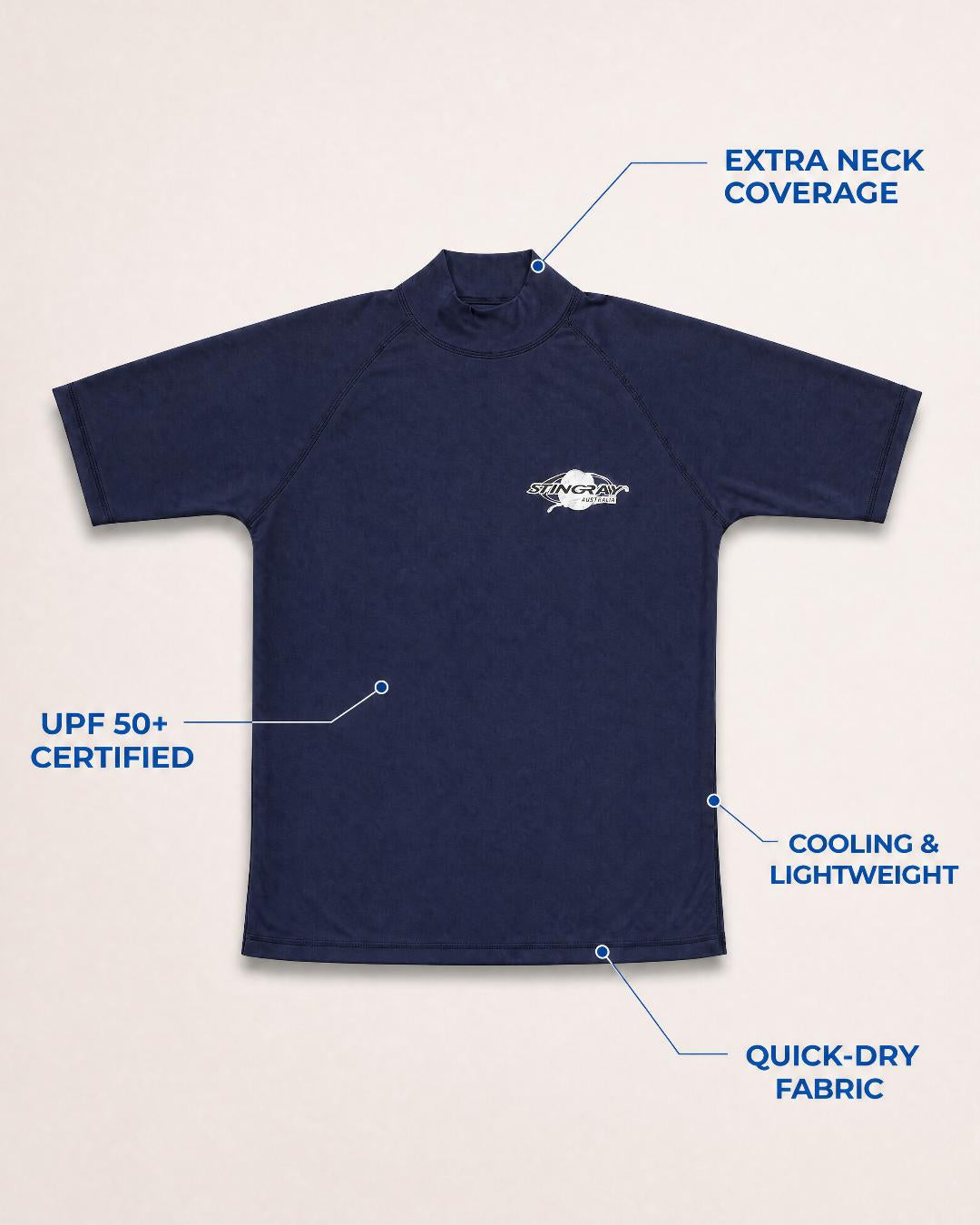 Annotated features of the women's short sleeve UV swim shirt UPF 50+ in navy