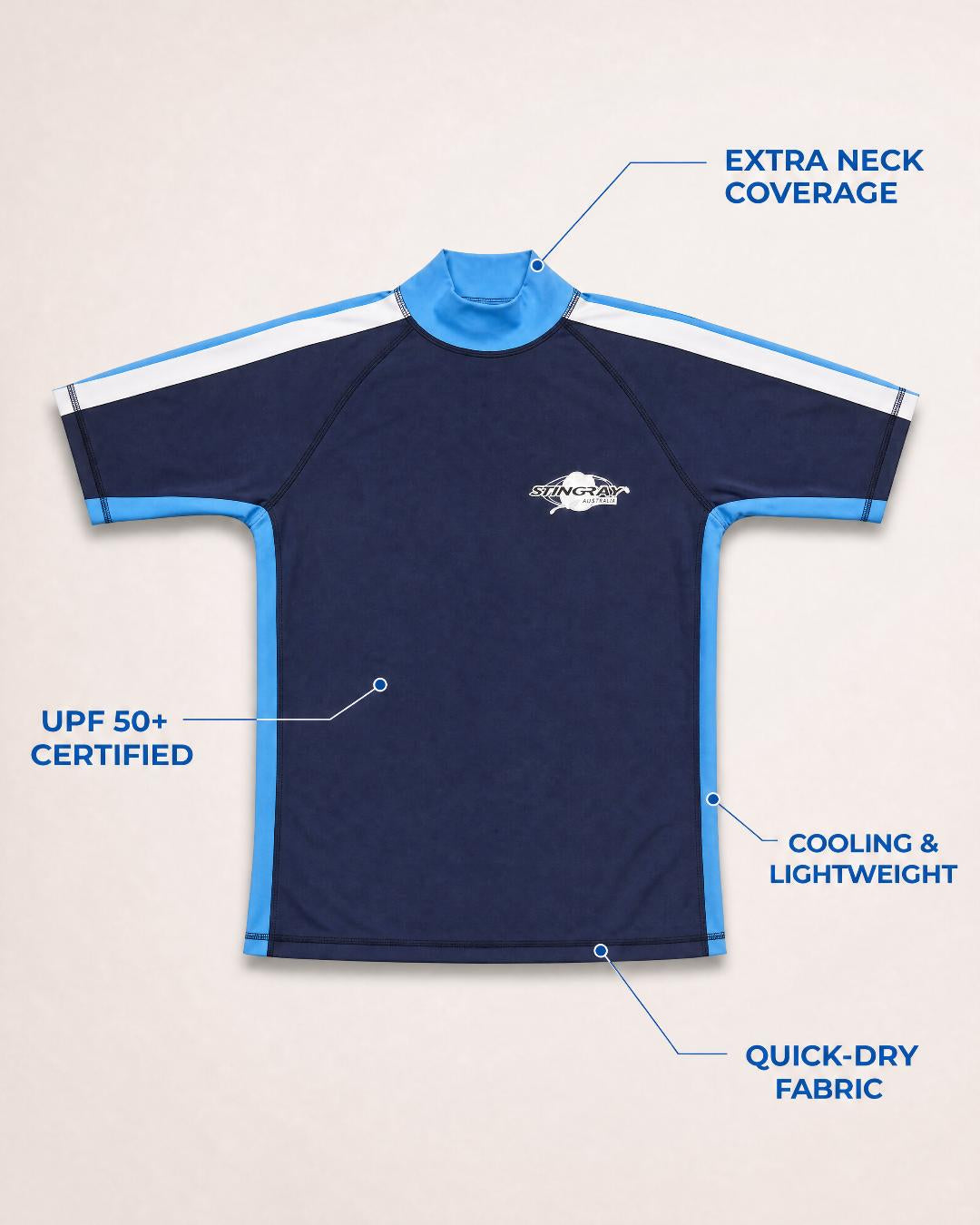 Annotated Features Flat Lay of Women's Short Sleeve UV Swim Shirt UPF 50+ - Navy Azure White
