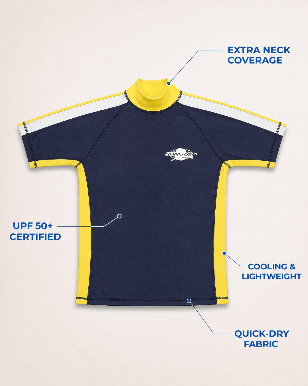 Annotated Features Flat Lay of Women's Short Sleeve UV Swim Shirt UPF 50+ - Navy Yellow White