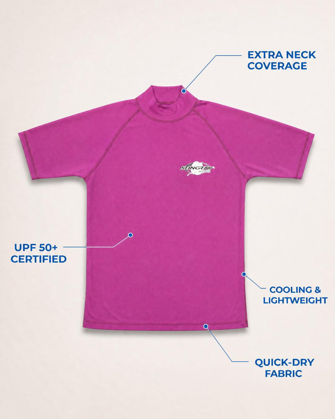 Annotated Features Flat Lay of Women's Short Sleeve UV Swim Shirt UPF 50+ - Purple