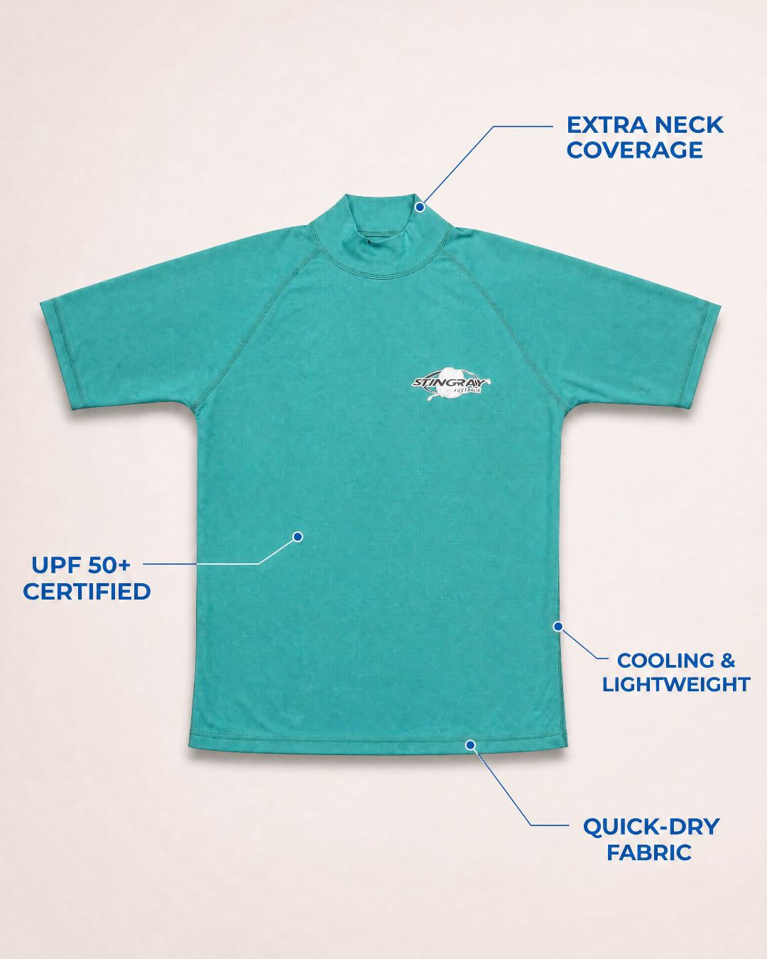 Annotated Features Flat Lay of Women's Short Sleeve UV Swim Shirt UPF 50+ - Teal