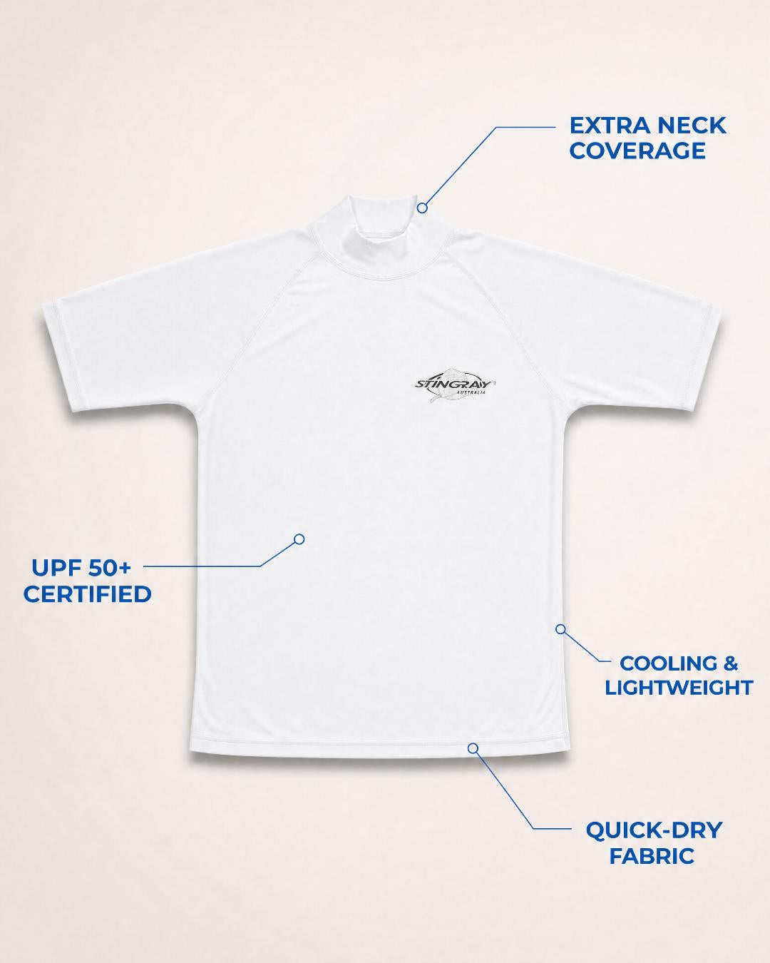 Annotated Features Flat Lay of Women's Short Sleeve UV Swim Shirt UPF 50+ - White