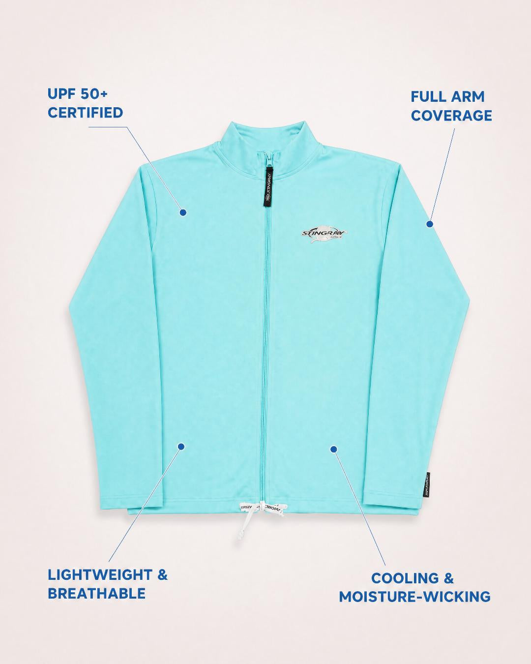 Annotated Features Flat Lay of Womens Long Sleeve UV Jacket UPF 50+ in Aqua