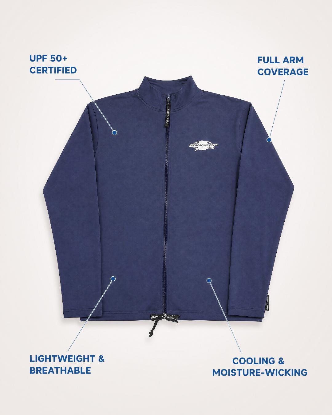 Annotated Features Flat Lay of Womens Long Sleeve UV Jacket UPF 50+ in Navy