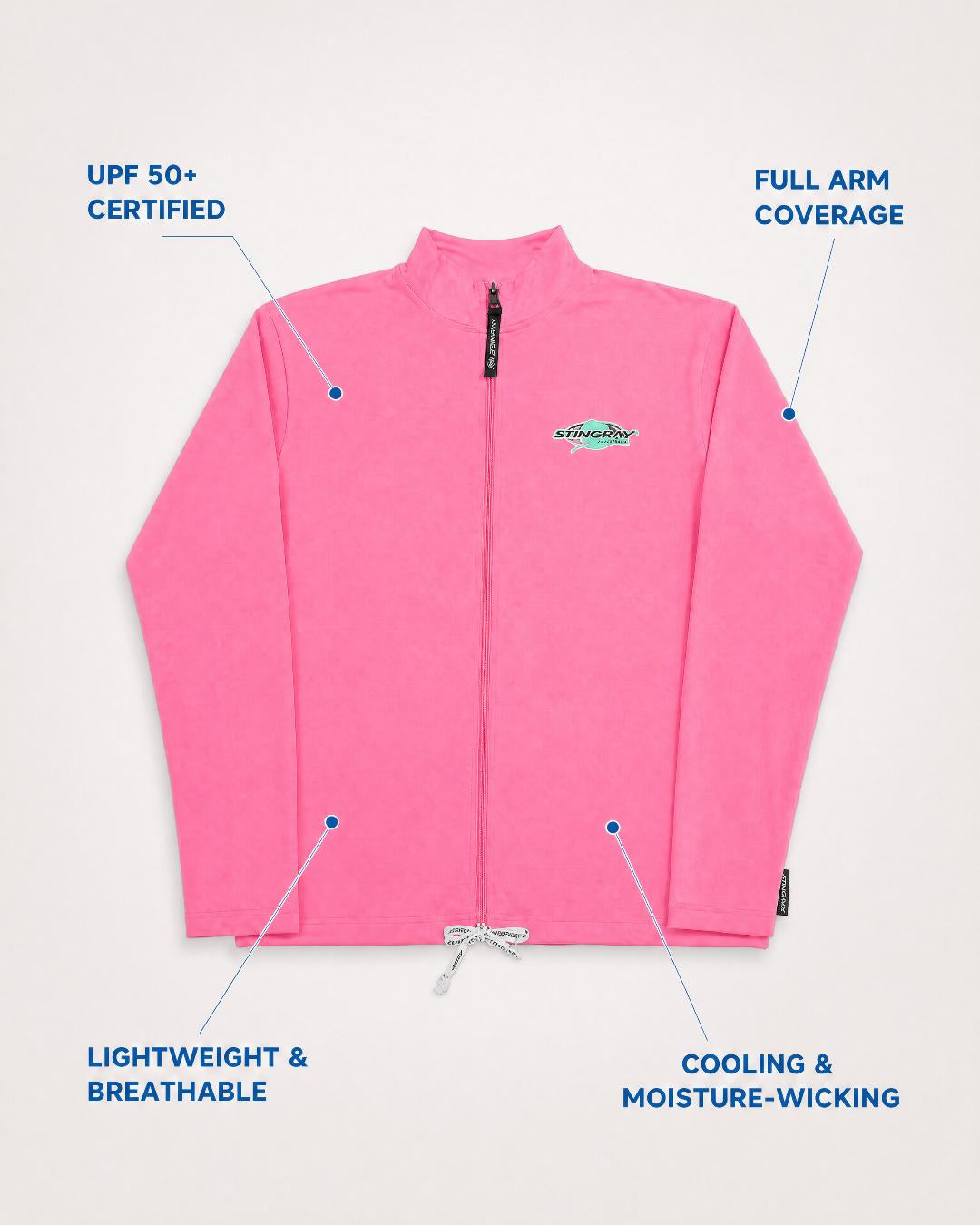 Annotated Features Flat Lay of Womens Long Sleeve UV Jacket UPF 50+ in Pink