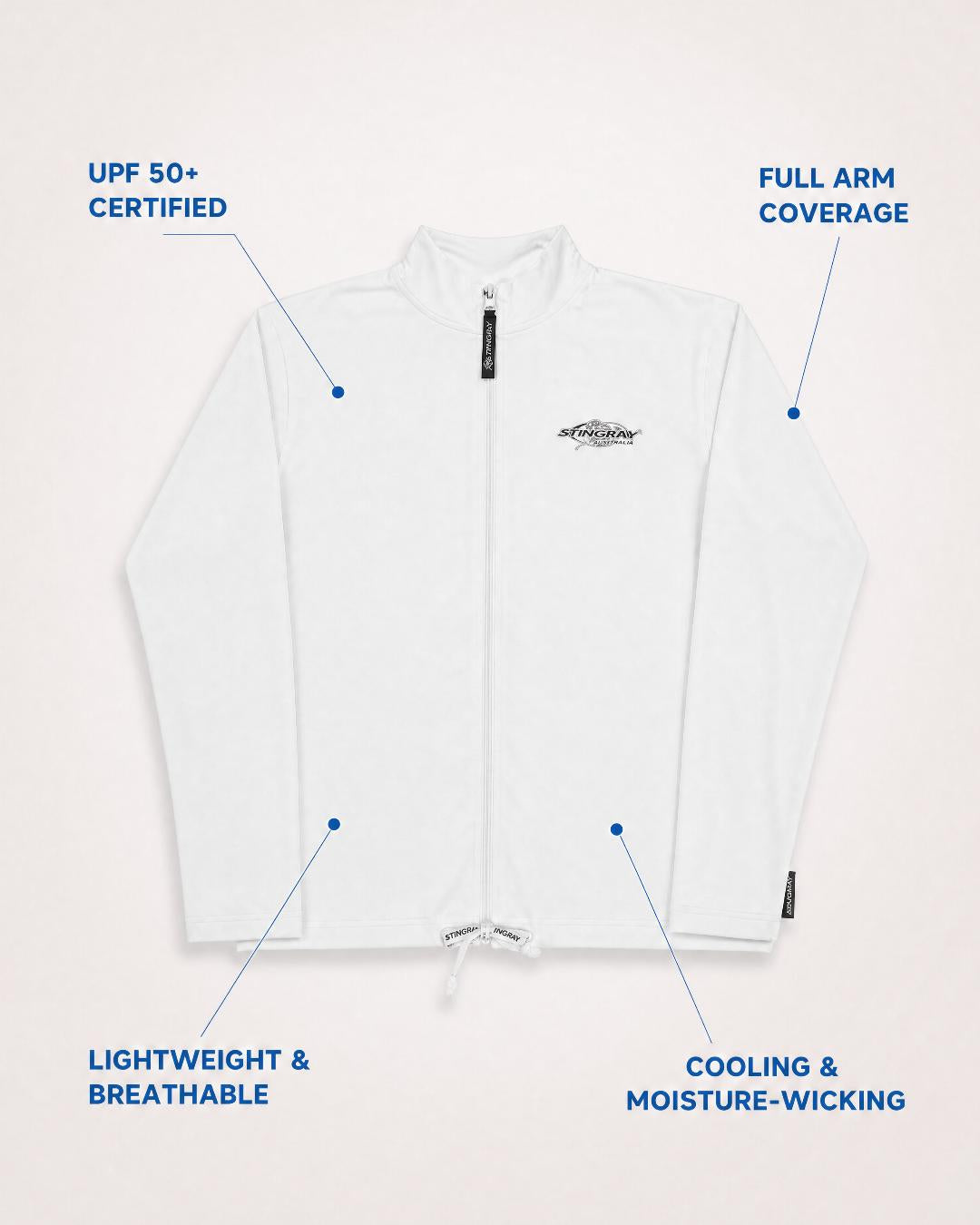 Annotated Features Flat Lay of Womens Long Sleeve UV Jacket UPF 50+ in White