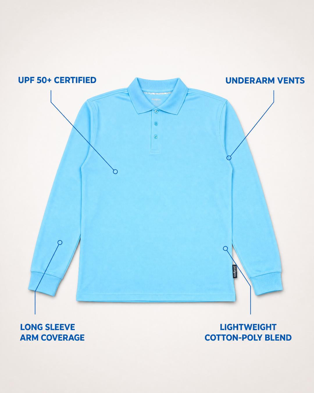Annotated Features Flat Lay of Womens Long Sleeve UV Polo Shirt UPF 50+ in Ice Blue