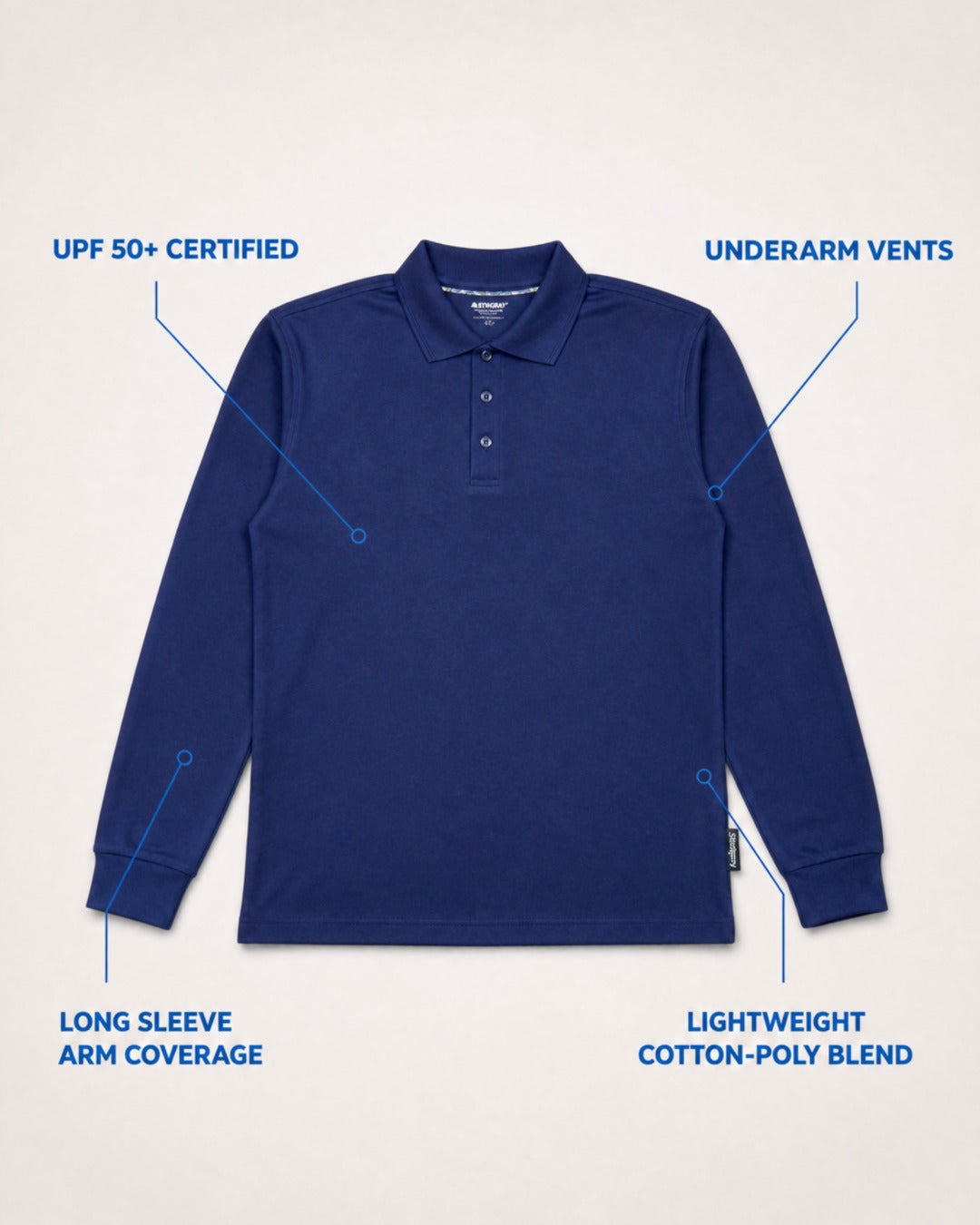 Annotated Features Flat Lay of Womens Long Sleeve UV Polo Shirt UPF 50+ in Navy