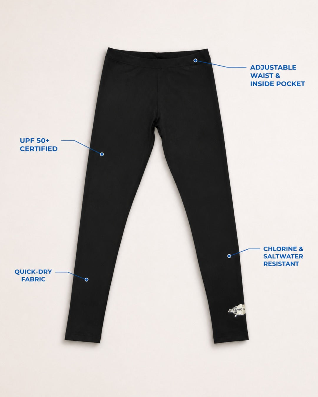 Annotated Features Flat Lay of Womens UV Leggings UPF 50+ in Black