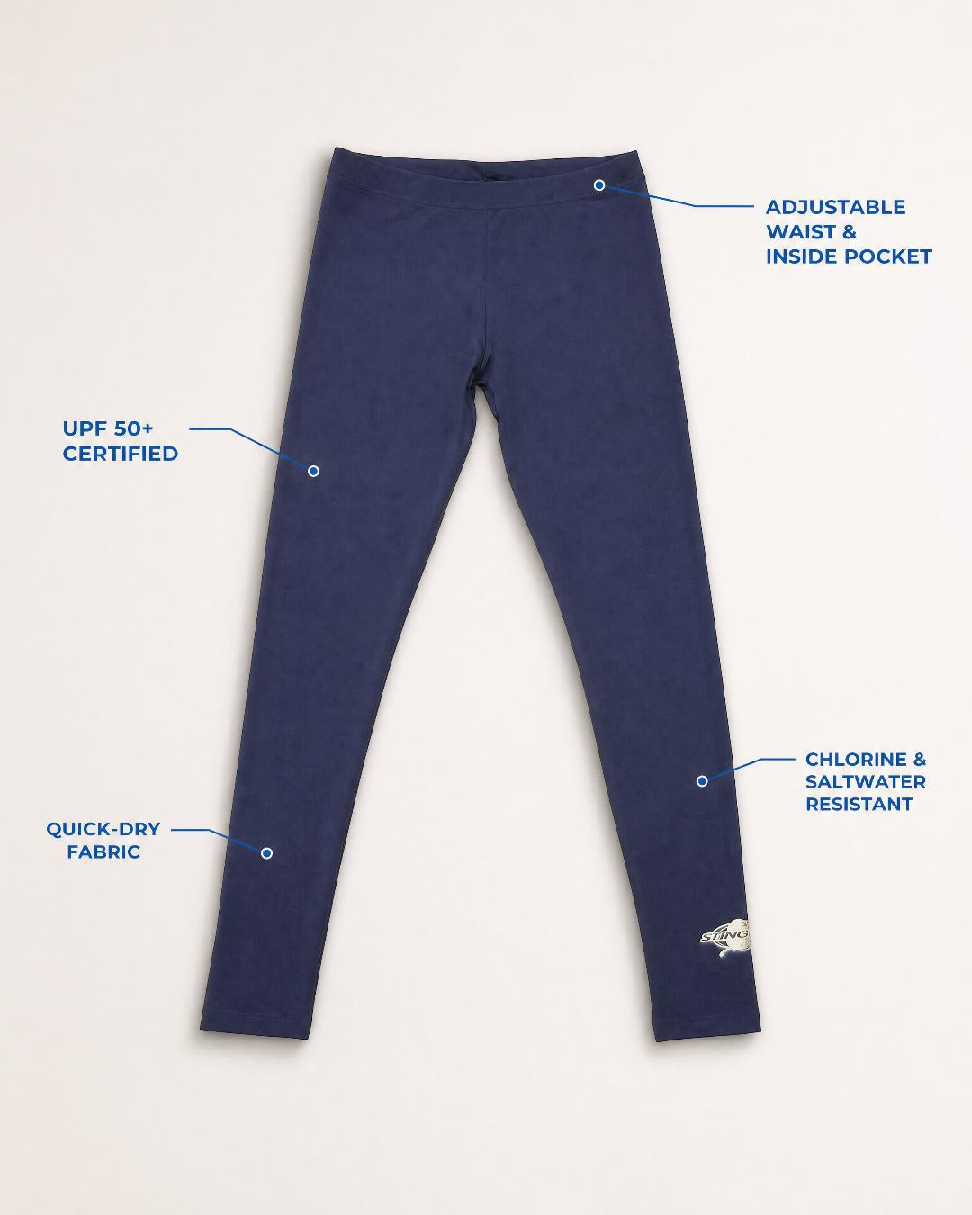 Annotated Features Flat Lay of Womens UV Leggings UPF 50+ in Navy