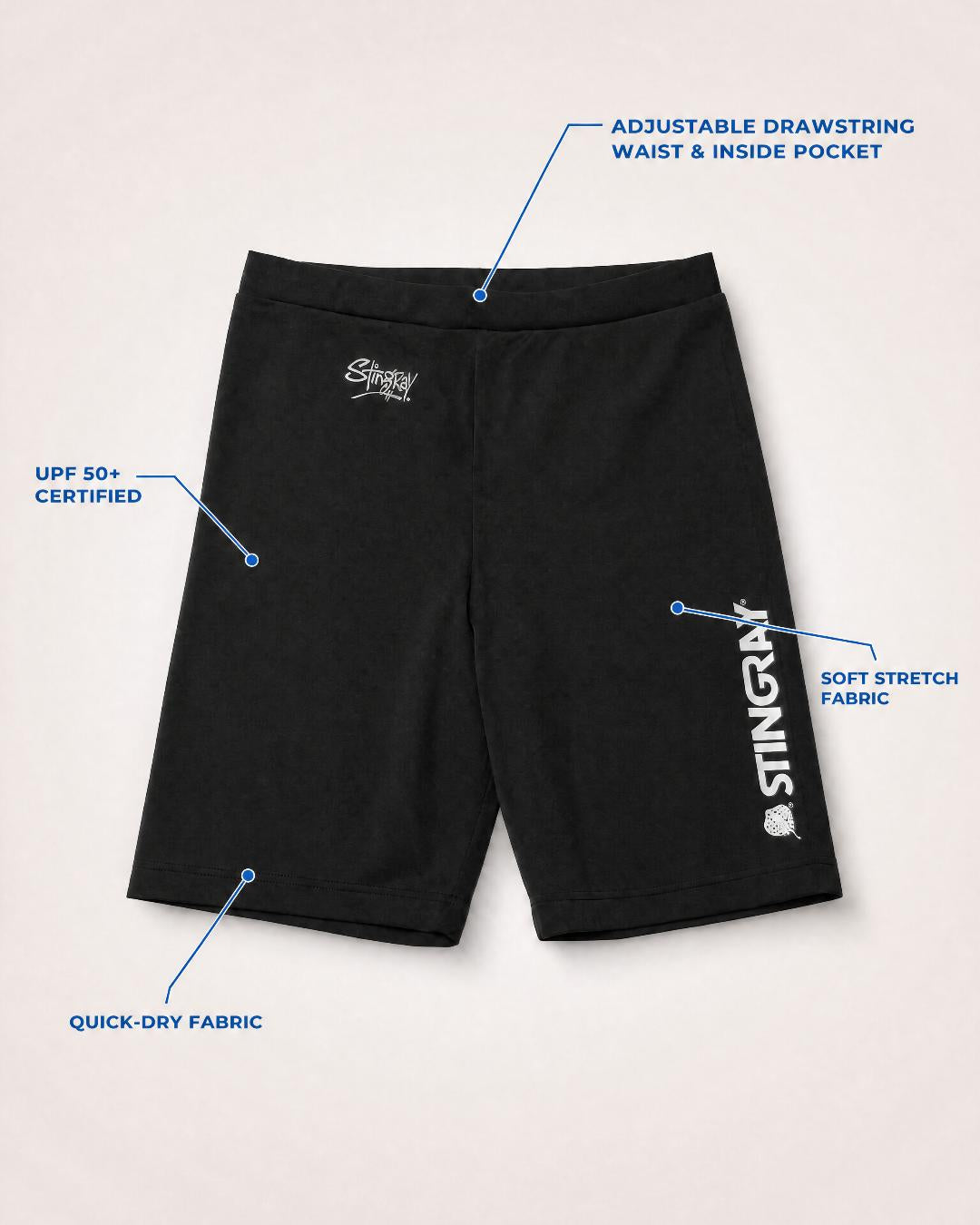 Annotated Features Flat Lay of Womens UV Swim Shorts UPF 50+ in Black