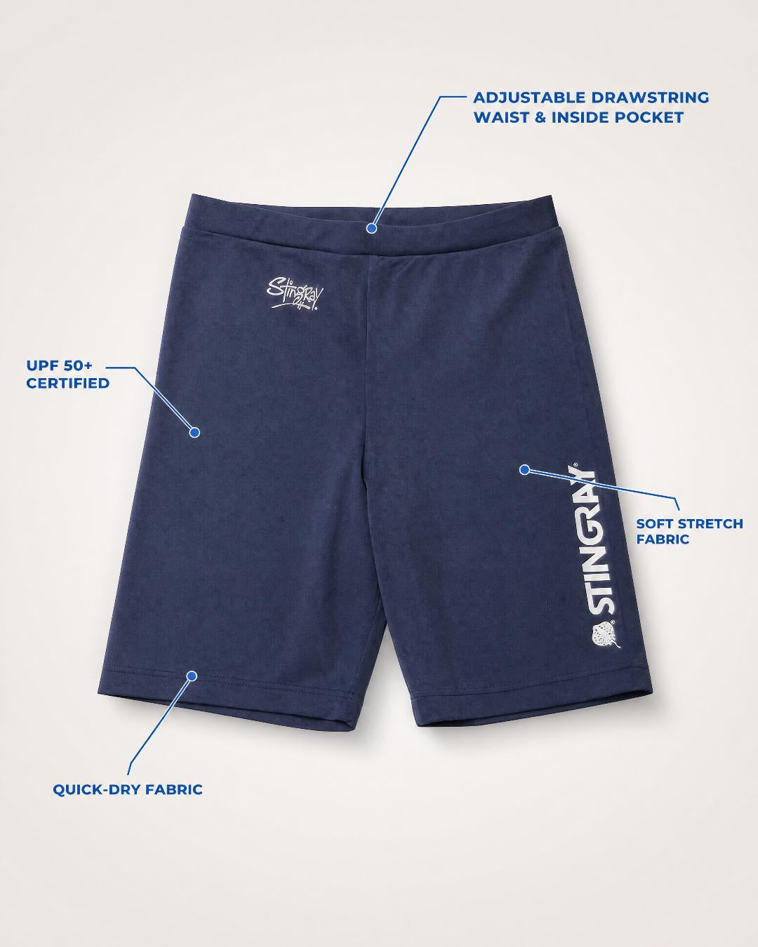 Annotated Features Flat Lay of Womens UV Swim Shorts UPF 50+ in Navy