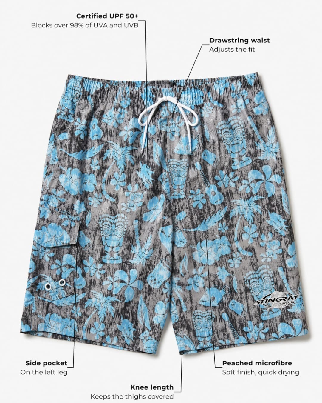 Annotated Features Stingray Tribal UV Board Shorts UPF 50+ in the studio