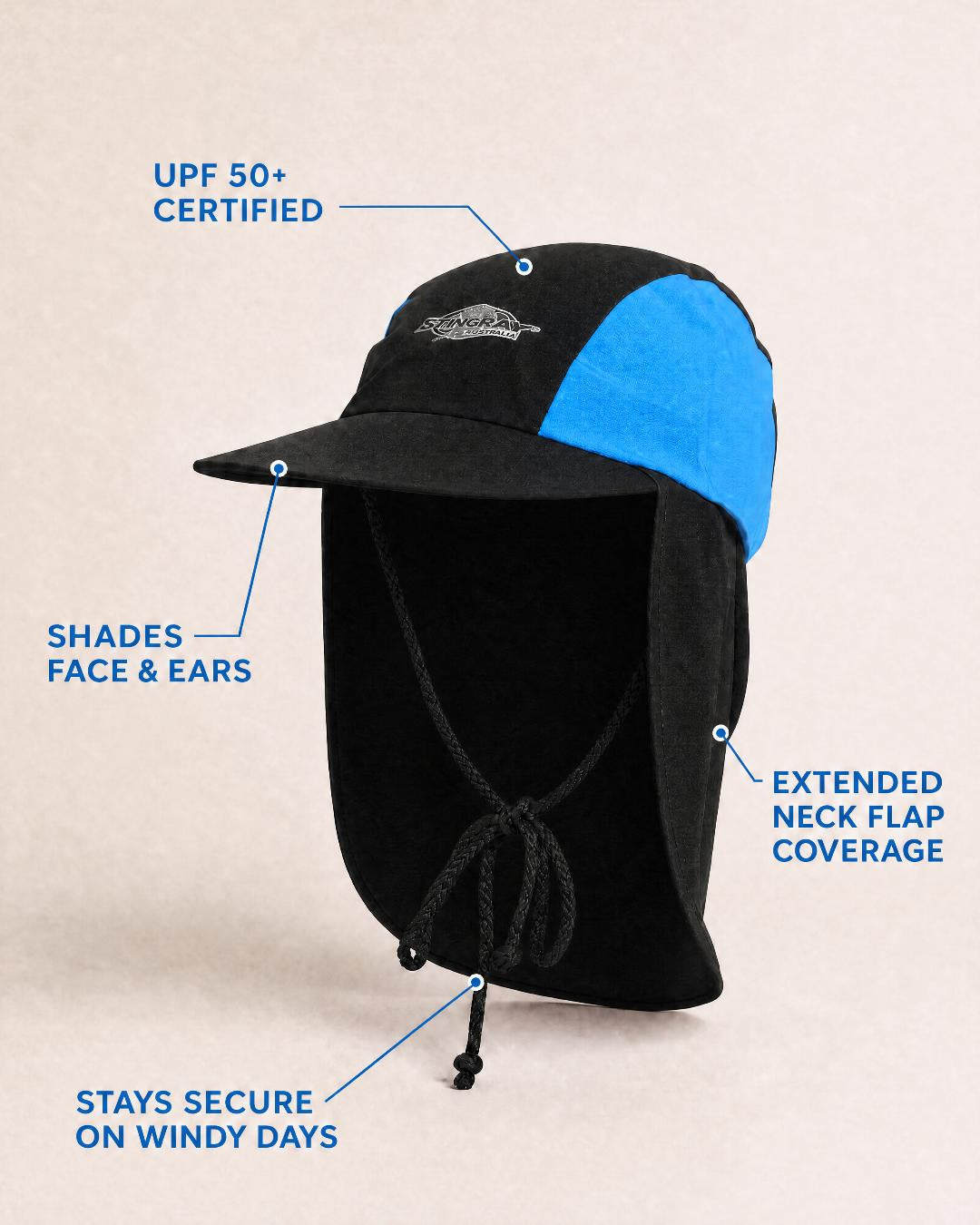 Annotated Features of Kids UV Legionnaire Cap UPF 50+ Black Azure