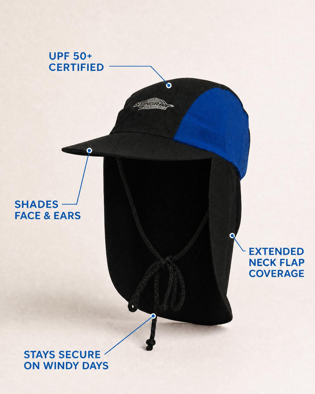 Annotated Features of Kids UV Legionnaire Cap UPF 50+ Black Ocean Blue