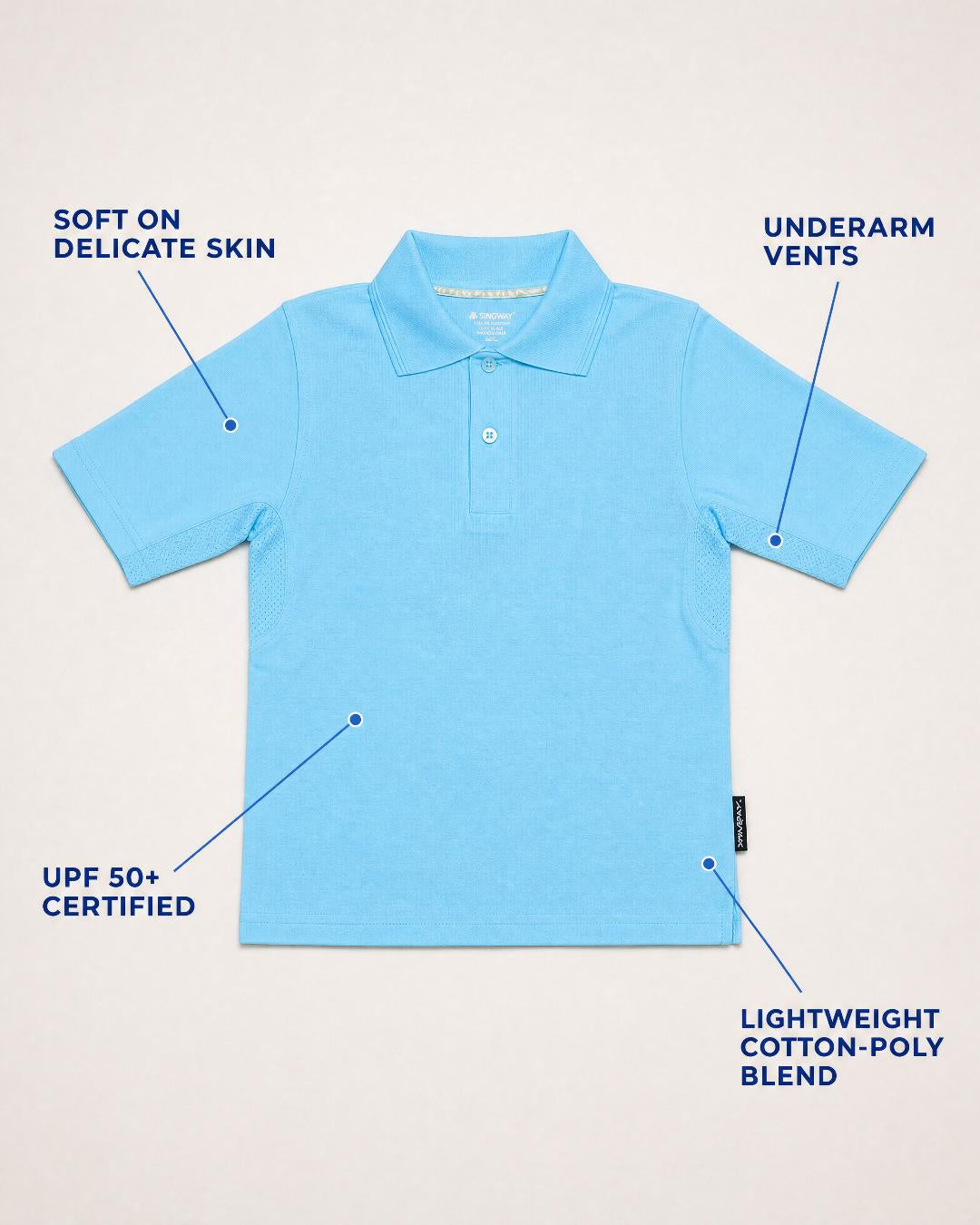 Annotated Flat Lay of Kids Short Sleeve UV polo Shirt UPF 50+ in Ice Blue
