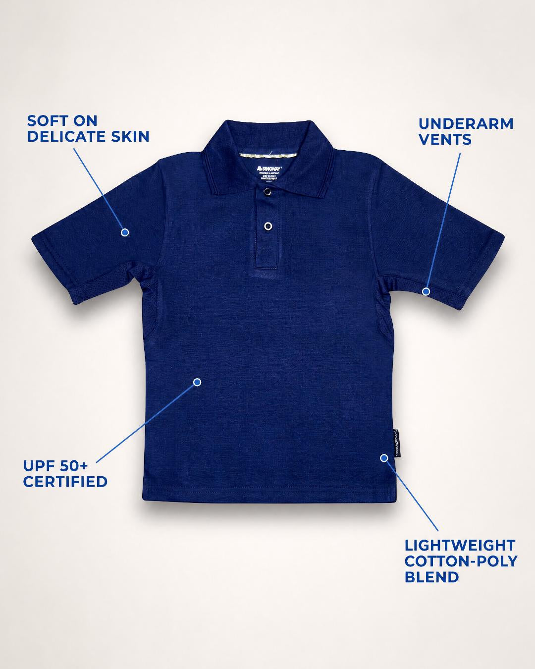 Annotated Flat Lay of Kids Short Sleeve UV polo Shirt UPF 50+ in Navy