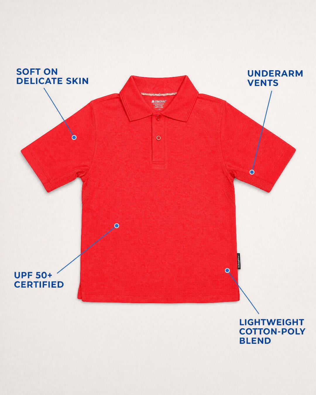 Annotated Flat Lay of Kids Short Sleeve UV polo Shirt UPF 50+ in Red