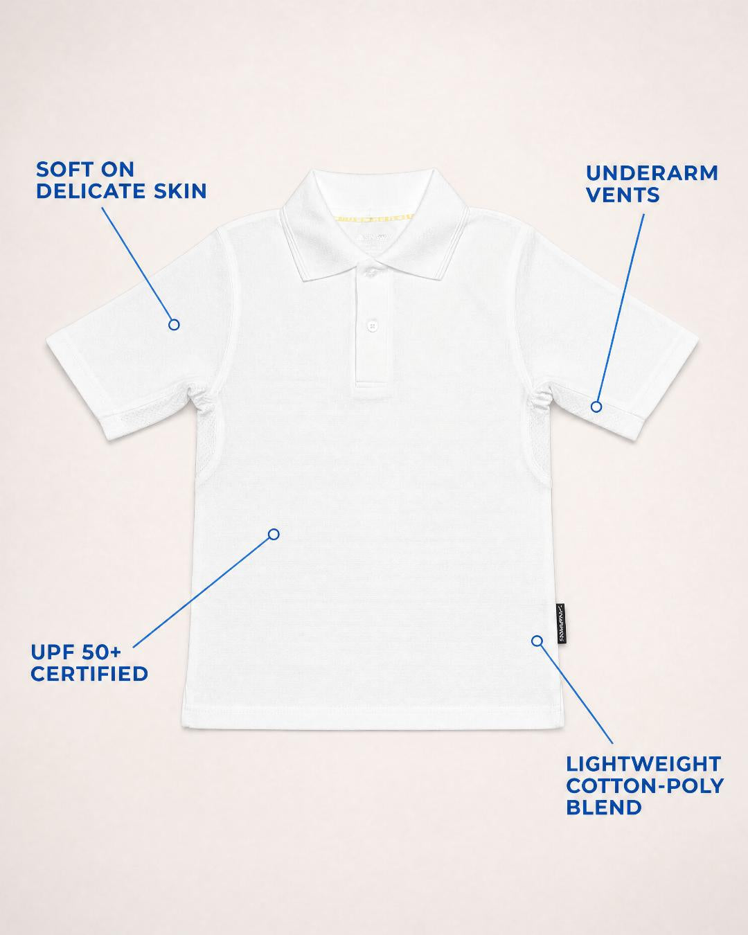 Annotated Flat Lay of Kids Short Sleeve UV polo Shirt UPF 50+ in White