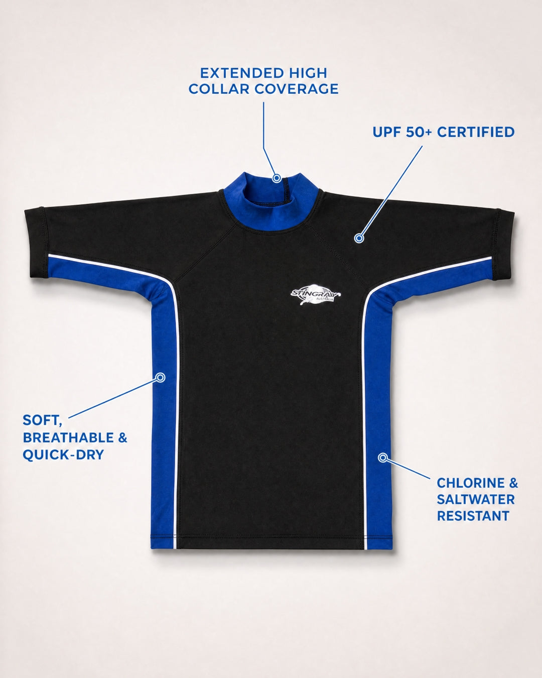 Annotated Features Kids Flat Lay of Short Sleeve UV Rash Shirt UPF 50+ - Black Blue