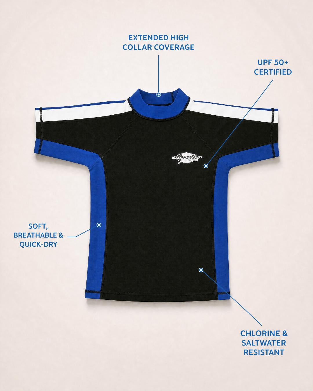 Annotated Features Kids Flat Lay of Short Sleeve UV Rash Shirt UPF 50+ - Black Blue White