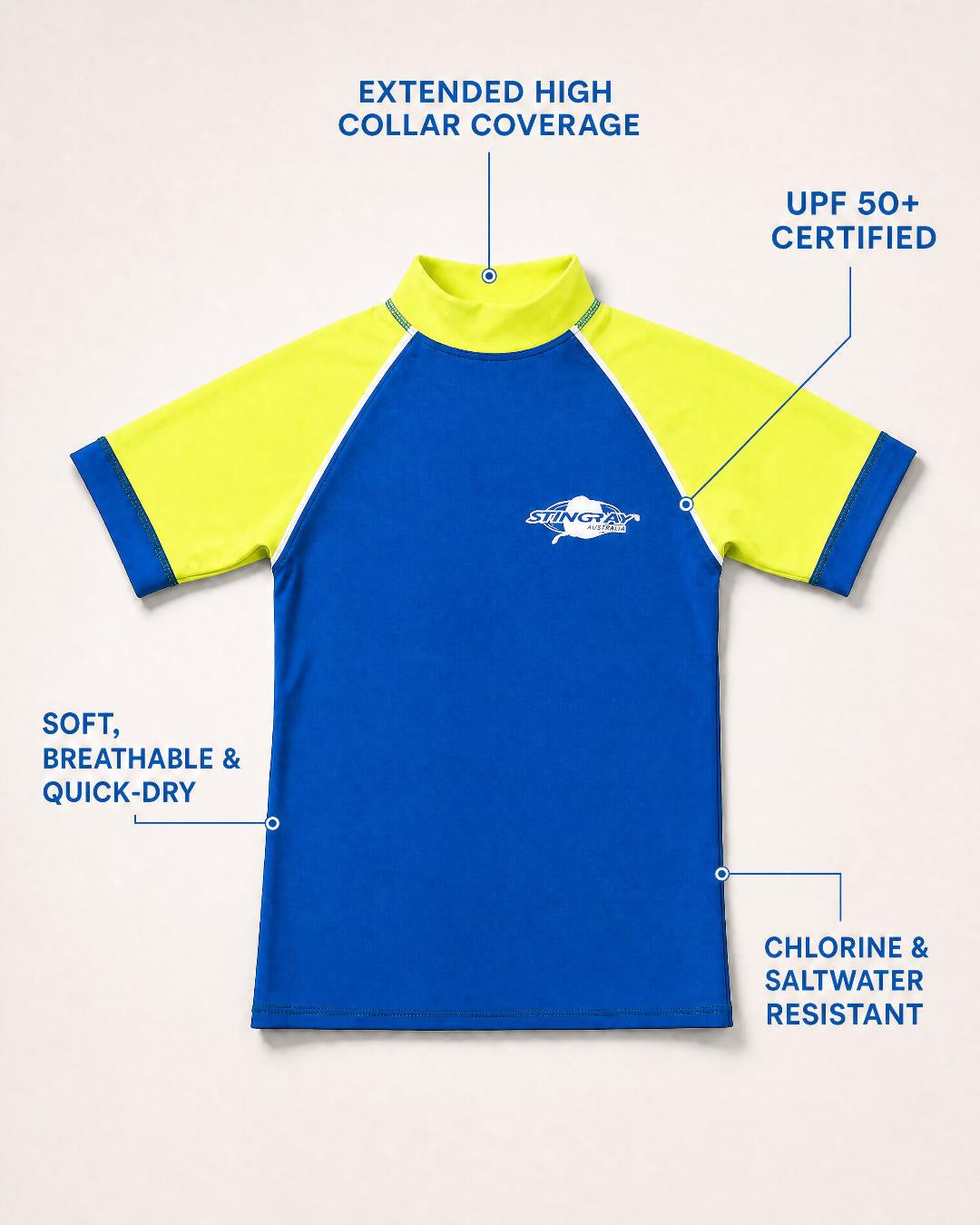 Annotated Features Toddlers Flat Lay of Short Sleeve UV Rash Shirt UPF 50+ - Blue Yellow